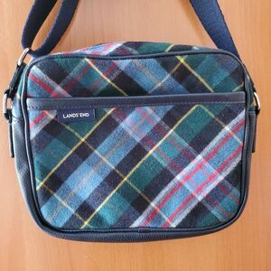 Lands End Tartan Plaid Navy Leather and Wool Crossbody Bag